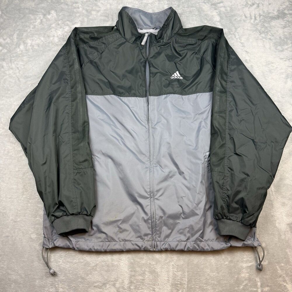 Vintage 2001 Adidas Gray Black Mesh Lined Windbreaker Jacket Full Zip Y2K XXL